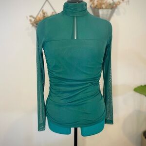NWT Emerald Green Sheer-Panel Mock Neck Long Sleeve Top